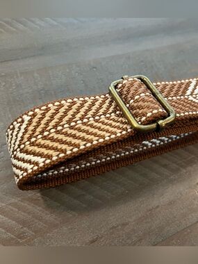 Adjustable Chevron Woven Strap with Brass Slider - Tan & Cream